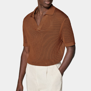 Custom Summer Short Sleeve Cotton Silk <b>Yarn</b> Dyed Solid Textured Net Honeycomb Knit Formal Anti-Pilling 180g Shirt for Men - Product Image 1