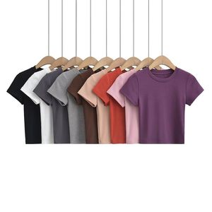 <b>Women's</b> <b>Cream</b> Crew Neck Short Sleeve Fitted Crop Top Solid Color 100% Cotton Summer <b>T</b>-<b>Shirt</b> Breathable Plain Dyed Style - Product Image 5