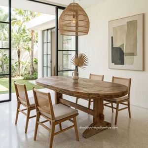 Table à manger en bois artisanale, modèle ovale, 2 couches, patchwork, démontable, en bois de bateau recyclé, design durable, respectueux de l'environnement - Product Image 2