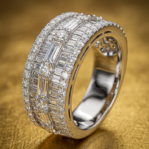 Bague en or blanc 18 carats de qualité supérieure avec diamants baguette, large, 5 rangs, pavé mosaïque, style hip-hop, bague de phalange audacieuse, cadeau haut de gamme pour femme - Product Image 1
