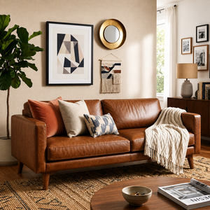 Sofá de Cuero Genuino de Estilo Moderno de Mediados de Siglo, Tapizado, Retro, para Sala de Estar, Dormitorio, Oficina y Apartamento - Product Image 1
