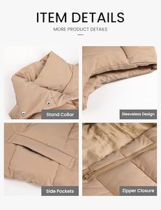 Custom <b>Women's</b> <b>Beige</b> Puffer Vest High Stand Collar Full Zip Padded Bodywarmer Outerwear Sleeveless Winter <b>Jacket</b> Factory OEM - Product Image 4