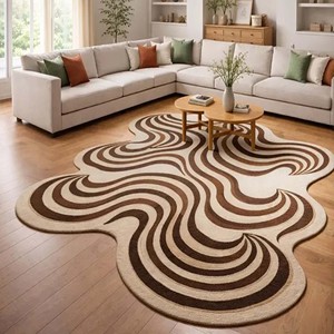 Modern Abstract Wavy Carpet Cream <b>Brown</b> <b>Wool</b> Area Rug Irregular Hand Tufted Rug Contemporary Living Room Bedroom Decorative Rug - Product Image 1