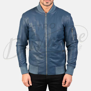 Blouson aviateur homme en cuir véritable bleu premium avec poche utilitaire sur la manche et bordure côtelée, coupe ajustée, style décontracté - Product Image 3