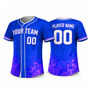 Camiseta de Béisbol Personalizada Unisex de Manga Corta con Botones al Frente, Estampado Sublimado con Patrón Geométrico en Morado, Rosa y Naranja, 100% Poliéster - Product Image 5