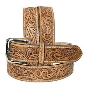 Custom made Floral Engraved Men's fashion Western Leather <b>Tooling</b> <b>belt</b> with designer brass buckle available in many designs - Product Image 5