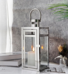 Contemporary Polished Stainless Steel Candle <b>Lantern</b> Sleek Silver Glass <b>Hurricane</b> Holder for Modern Home and Event Decoration - Product Image 3