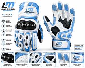 Guantes de Motocicleta Deportivos de Cuero Long Mission Industry, Largos hasta la Muñeca, Transpirables, Ecológicos, con Pantalla Táctil, para Uso Diario, Blancos y Azules - Product Image 2