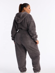 Sudadera con capucha de forro polar gris para mujer, 100% algodón, con cremallera y pantalones anchos a juego, talla grande, sudaderas personalizadas de invierno para mujer - Product Image 3