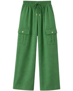 Conjunto de dos piezas verde para mujer, camisa de manga corta con botones y pantalones cargo de pierna ancha, conjunto informal de verano para mujer para uso diario. - Product Image 2