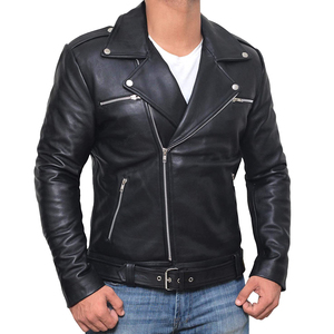 Chaqueta de Motociclista de Cuero Genuino para Hombre, Cuello Camisero, Cierre de Cremallera, Cinturón, Corte Ajustado, Color Negro Sólido, para Otoño e Invierno - Product Image 1