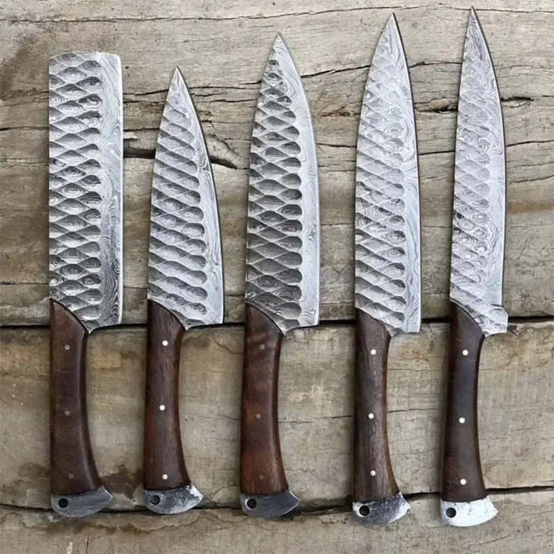 Hand Forged Damascus Steel Chef's Knife Set of 5 BBQ Knife Kitchen Knife Set with Leather Bag