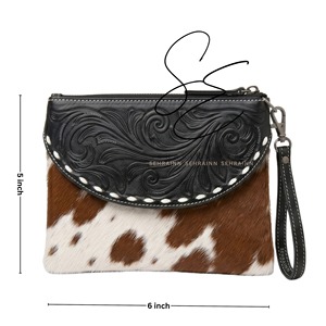 <b>Tooled</b> <b>Leather</b> Wristlet Clutch Real Hair On Cowhide Zipper <b>Pouch</b> Buckstitch Lacing Western Handbag Custom OEM Wholesale Brown - Product Image 3