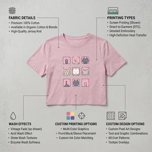 T-shirt court mignon pour femme 100 % coton jersey imprimé chat de dessin animé par transfert thermique écologique coupe ajustée compressée - Product Image 4