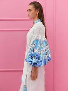 Vintage Boho Embroidered Cotton Maxi Dress Women <b>White</b> Floral Pattern <b>Balloon</b> Sleeve Tassel Tie Waist Loose Fit Dress - Product Image 4