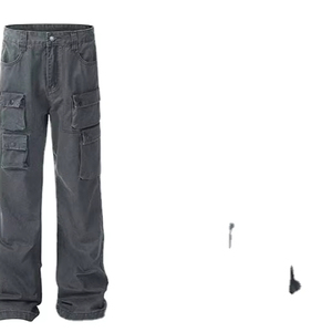 Pantalon Cargo Décontracté Homme Gris en Toile de Haute Qualité, Coupe Ample Empilée, avec Poches Latérales, en Denim Droit 100% Coton - Product Image 4