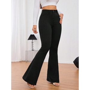 Vaqueros de mezclilla negros estilo retro vintage con corte acampanado para mujer, ecológicos, transpirables, de moda, 100% algodón, ligeros y de talle alto. - Product Image 2