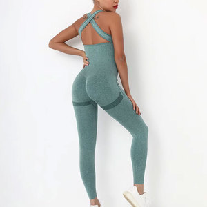 Two Piece Yoga Set High Waist Elastic Waist Full Length Leggings Racerback Square Neck Crop <b>Top</b> Color Blocking Seamless - Product Image 3