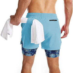 Pantalones Cortos Deportivos Azul Cielo para Hombre, 2 en 1, de Lona Antiarrugas, Resistentes al Viento, Transpirables, con Cintura Elástica, Forro Estampado, para Entrenamiento - Product Image 2