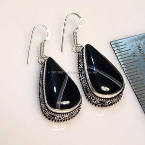 Botswana Banded Agate <b>Earring</b> 925 <b>Sterling</b> <b>Silver</b> Black Cut Gemstone Tear Drop Dangle For Women Handmade Stone <b>Earring</b> For Gift - Product Image 5