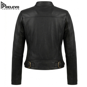 Chaqueta de Motociclista de Cuero Genuino para Hombre, Chaqueta de Cuero Negra con Botones a Presión de Latón, Cierre de Cremallera Asimétrico - Product Image 2