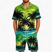 Conjunto de Ropa de Playa Tropical Casual para Hombre, 100% Poliéster, Estampado de Palmeras al Atardecer, Camisa Hawaiana Transpirable y Pantalones Cortos