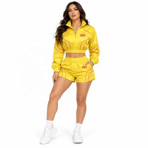 <b>Women's</b> <b>Yellow</b> 2 Piece Sporty Set Crop <b>Top</b> With Above Knee Shorts Solid Color Breathable Polyester Activewear - Product Image 1