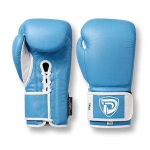 ถุงมือชกมวยหนังสีฟ้าขาว Dumela International สำหรับฝึกซ้อมระดับมืออาชีพ พร้อมออกแบบโลโก้ - Product Image 1