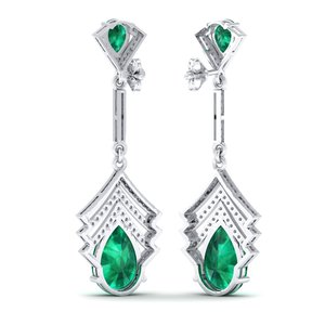 Boucles d'oreilles longues pendantes REYES personnalisées en or 14 carats avec émeraude verte et diamants pour femmes, bijoux pour mariage et soirées. - Product Image 4