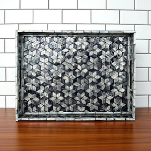 Rectangular Mother of Pearl Inlay Serving Tray with Black & <b>Silver</b> Tumbling Floral Pattern, Tea Tray, Ideal Gifts - Product Image 1