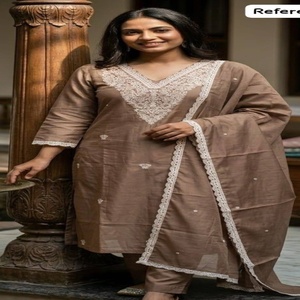 Colección de Kurti-Pantalón-Dupatta Rectos de Seda Romana de Excelente Calidad con Pitha y Bordados, Proveedor Indio - Product Image 1