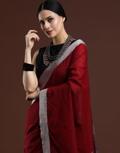 KV Women's Woven Solid Bhagalpuri Linen <b>Red</b> <b>Saree</b> With Unstitched Blouse - Product Image 4