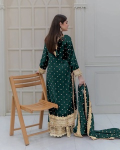 Tenue ethnique indienne et pakistanaise pour femmes, en georgette lourde brodée, Salwar Kameez Sharara, Dupatta fantaisie avec bordure en dentelle, pour mariage - Product Image 4