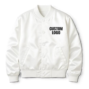 Chaqueta bomber Varsity de satén blanco para hombre, con botones en la parte delantera, estampado de letras, cuello alto, estilo casual. - Product Image 3