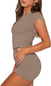 Conjunto de Dos Piezas Casual de Verano para Mujer, Estilo Lavado, Ligero, de Spandex/Poliéster, Top y Short Ajustado - Product Image 4