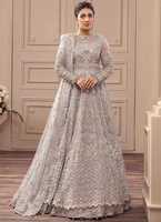 Robe Anarkali élégante en mousseline de soie grise brodée, manches longues, col montant, longueur au sol, coupe trapèze, pour mère de la mariée