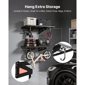 Scaffalatura a 2 livelli in acciaio resistente per garage, montaggio a parete, 24 x 36 pollici per ripiano, design a sospensione, 2 x 3 piedi, 24 ganci per spazi ridotti - Product Image 6