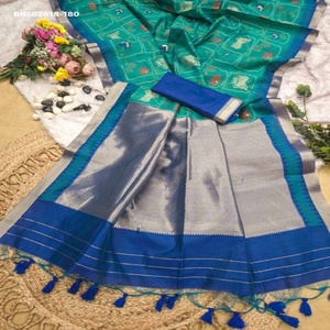 Fournisseur indien de sarees et chemisiers en soie brute Khadi de qualité supérieure avec pallu tissé Zari doré et motif animalier avec motif Jaal - Product Image 1