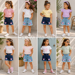 Girls Embroidered Denim Shorts Assorted Design Stock Apparels Kids Clothing Tshirts Casual Summer Wear Bangladesh Stock Apparels - Product Image 1