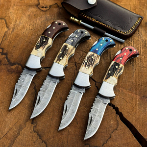 Damascus Steel Folding Knife Set With Elk Horn Handle Serrated Drop Point Hunting Knife EDC Pocket Knife 4-Pack - Product Image 1