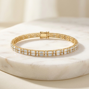 Double Row Baguette & Round Brilliant Cut Diamond Tennis Bracelet with Secure Box Claps in Yellow <b>Gold</b> 10k 14k 18k - Product Image 3