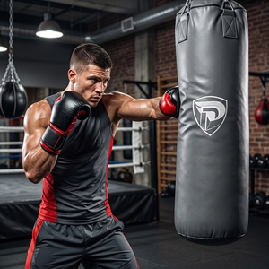 Sac de boxe d'entraînement gris en PU avec logo bouclier, durable, rempli de sable, pour usage en salle de sport adulte - Product Image 3