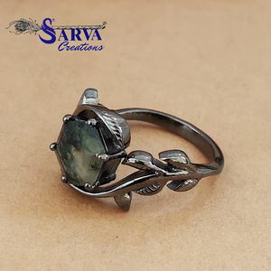 Anillo Hexagonal de Ágata Musgosa Natural, Plata de Ley 925, Anillo de Compromiso con Hoja de Vid, Anillo con Gema de Ágata Musgosa, Joyería Fina para Mujer - Product Image 3