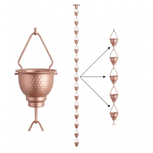 Chaîne de pluie - Couleur cuivre, revêtement en poudre, suspendue, 8,5 pieds, faite à la main, installation facile pour la décoration de jardin, résistante à la rouille, adaptateur de gouttière, crochet en V - Product Image 1