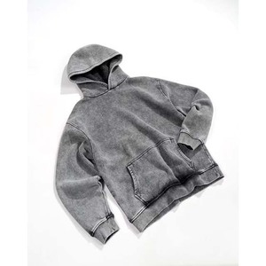 Acid Washed <b>Grey</b> With Pocket Casual Streetwear <b>Men's</b> Clothing Hoodies <b>Sweatshirts</b> Pullover Style Cotton French Terry Material - Product Image 5