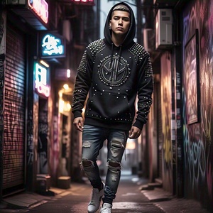 OEM เสื้อมีฮู้ดรุ่นเฮฟวี่เวทของผู้ชายเสื้อผ้าแนวสตรีทผ้าคอตตอน100% พิมพ์ลายดิจิตอลประดับพลอยเทียมเสื้อโค้ทมีฮู้ดจาง - Product Image 2