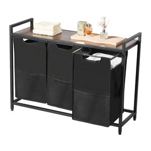 Cesto portabiancheria a 3 sezioni autoportante con ampia struttura in metallo e piano in legno, per organizzazione e contenimento - Product Image 1
