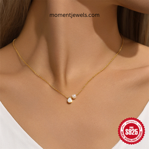 สร้อยคอจี้มุกเงินแท้ 925 ชุบทอง ประดับเพชรทรงหยดน้ำ สำหรับผู้หญิง - Product Image 2