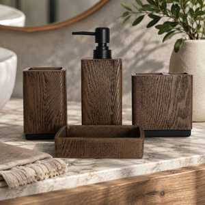 Ensemble de salle de bain en bois : porte-brosse à dents carré, distributeur de savon, gobelet, plateau – Accessoires de vanité minimalistes - Product Image 2
