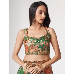 Atractivo verde estampado floral Organza Festival desgaste sari con blusa - Product Image 4